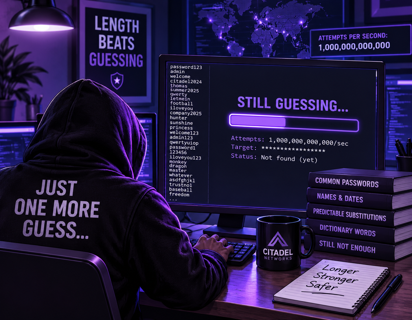 Illustration of an attacker using a password cracking system attempting one trillion guesses per second, reinforcing that longer random passwords and passphrases are harder to guess.